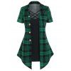 Plaid Print Short Sleeve Faux Twinset T Shirt And Mock Button Wide Waist Skinny Leggings Outfit - multicolor S