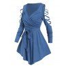 Casual T Shirt Solid Color Crossover Cut Out Cold Shoulder Belted Long Sleeve Skirted Tee - BLUE XXXL