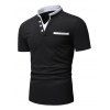 Colorblock T Shirt Front Pocket Mock Button Stand Collar Short Sleeve Casual Tee - BLACK XL