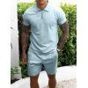 Plain Color A Quarter Zip Short Sleeve T Shirt And Drawstring Waist Shorts Sport Two Piece Set - LIGHT BLUE XXXL