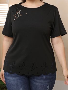 Plus Size T Shirt Laser Cut Out T Shirt Scalloped Solid Color Summer Casual Tee
