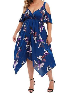 Plus Size & Curve Dress Leaf Print Surplice Cold Shoulder Handkerchief Hem Midi Dress