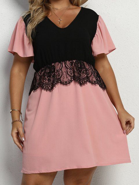 Plus Size & Curve Dress Colorblock Dress Hollow Out Lace Panel Flutter Sleeve A Line Mini Dress