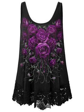 Plus Size Tank Top Rose Pattern Tank Top Hollow Out Lace Panel Casual Top