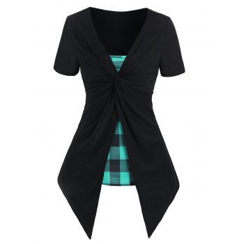 Plaid Pattern Twist 2 In 1 Tee, Black