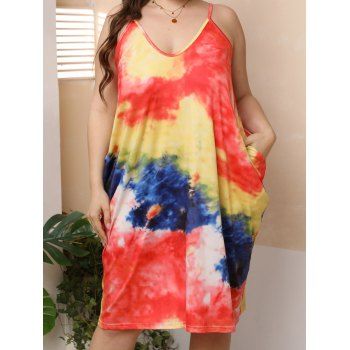 

Plus Size Dress Tie Dye Cami Dress Pockets Spaghetti Strap Loose Midi Tank Dress, Multicolor