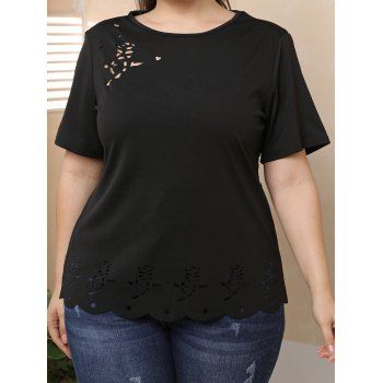 

Plus Size T Shirt Laser Cut Out T Shirt Scalloped Solid Color Summer Casual Tee, Black