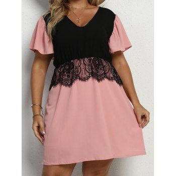 

Plus Size & Curve Dress Colorblock Dress Hollow Out Lace Panel Flutter Sleeve A Line Mini Dress, Light pink