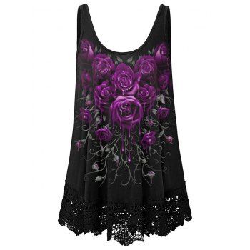 

Plus Size Tank Top Rose Pattern Tank Top Hollow Out Lace Panel Casual Top, Black