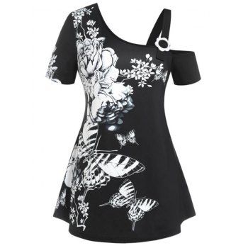 

Plus Size T Shirt Butterfly Flower Print T Shirt Skew Neck Floral Ring Casual Tee, Black