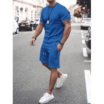 

Plain Color Short Sleeve T Shirt And Drawstring Waist Shorts Sport Two Piece Set, Blue