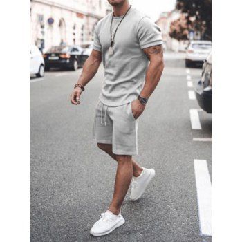 

Plain Color Short Sleeve T Shirt And Drawstring Waist Shorts Sport Two Piece Set, Gray