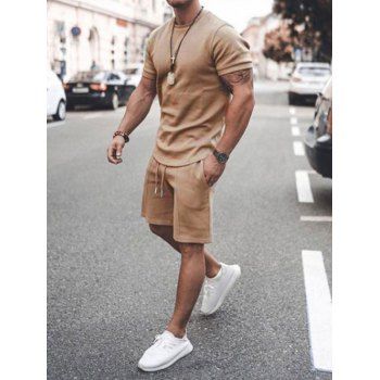 

Plain Color Short Sleeve T Shirt And Drawstring Waist Shorts Sport Two Piece Set, Khaki