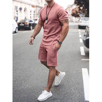 

Plain Color Short Sleeve T Shirt And Drawstring Waist Shorts Sport Two Piece Set, Pink