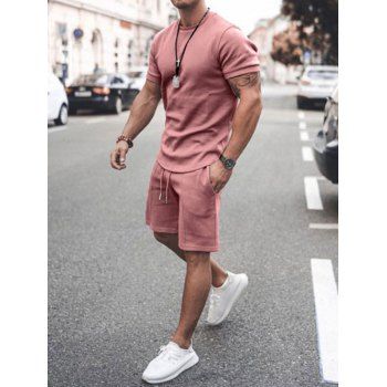 

Plain Color Short Sleeve T Shirt And Drawstring Waist Shorts Sport Two Piece Set, Pink