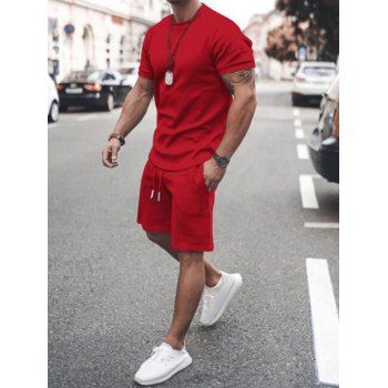 

Plain Color Short Sleeve T Shirt And Drawstring Waist Shorts Sport Two Piece Set, Red