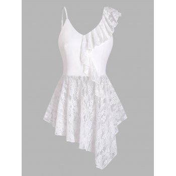 

Casual Tank Top Sheer Floral Lace Ruffle Solid Color High Waisted Asymmetrical Hem Tank Top, White