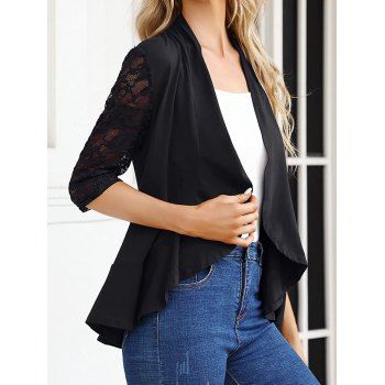 

Casual Top Solid Color Flower Lace Insert Open Front Collarless Flounce Top, Black