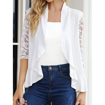 

Casual Top Solid Color Flower Lace Insert Open Front Collarless Flounce Top, White