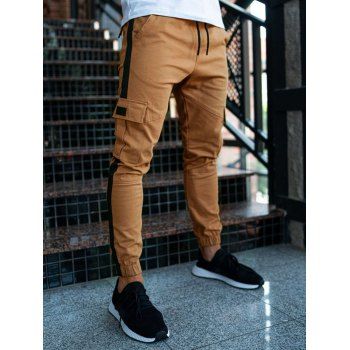 

Jogger Pants Patchwork Pants Beam Feet Drawstring Flap Pocket Long Casual Cargo Pants, Sand