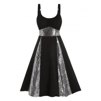 

Sparkly Sequins Party Dress Ruched Bust Empire Waist Dress O Ring Straps Godet Dress, Black