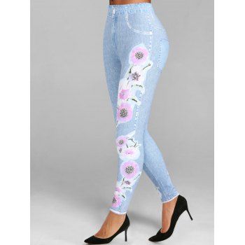 

Flower Light Wash Denim 3D Print Jeggings High Waist Casual Skinny Long Leggings, Light blue