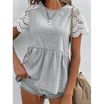 

Heather T Shirt Hollow Out Floral Lace Panel Cut Out High Waisted Casual Tee, Light gray