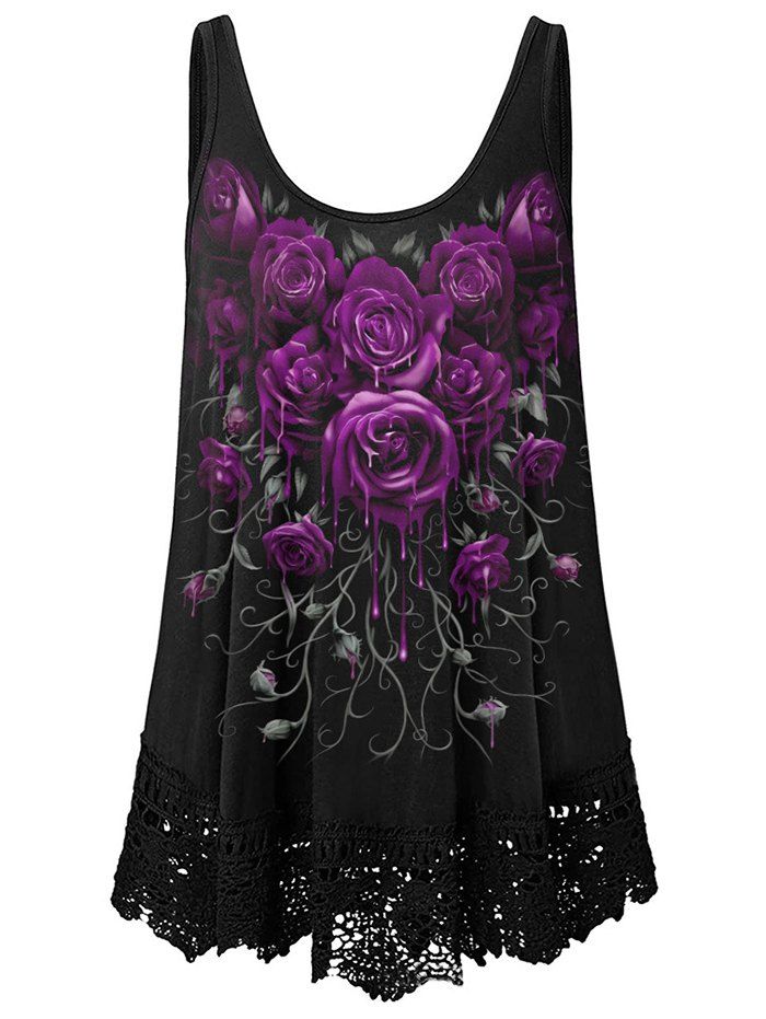 Plus Size Tank Top Rose Pattern Tank Top Hollow Out Lace Panel Casual Top - BLACK 5XL