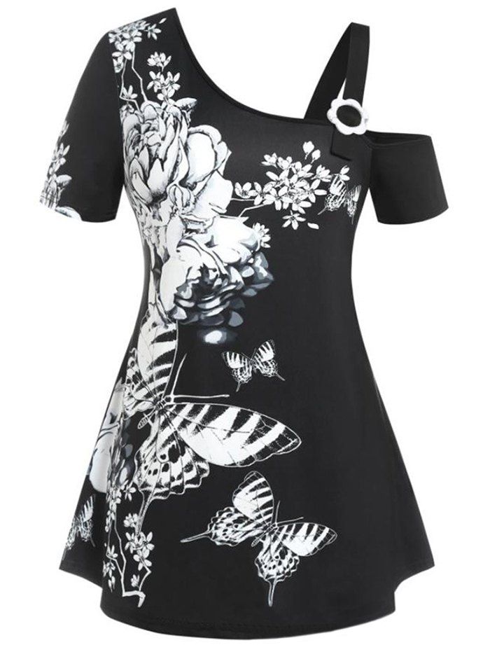 T-shirt Décontracté à Imprimé Fleur Papillon de Grande Taille à Col Oblique - Noir XL