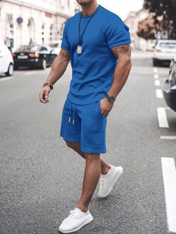 Plain Color Short Sleeve T Shirt And Drawstring Waist Shorts Sport Two Piece Set - BLUE 3XL
