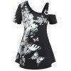 T-shirt Décontracté à Imprimé Fleur Papillon de Grande Taille à Col Oblique - Noir 4XL