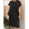 Plus Size Tee Dress Hollow Out Scalloped Dress Pure Color Short Sleeve Casual Curve Dress - BLACK 4XL