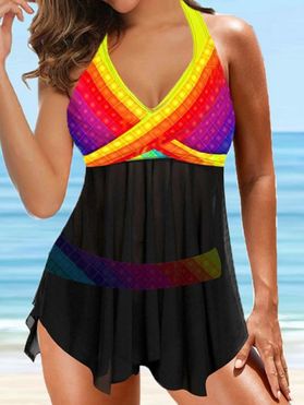 Modest Tankini Swimsuit Rainbow Geometric Print Mesh Twisted Halter Beach Swimwear