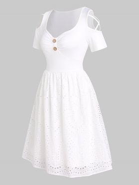 Plain Color Dress Cold Shoulder Crisscross Laser Cut Out Mock Button A Line Mini Summer Dress