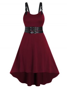 Plus Size Dress Adjustable Strap Self Belted Grommet Square Ring High Low Midi Dress