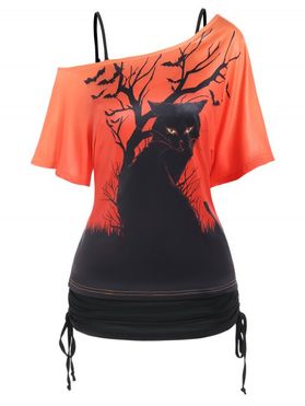 Gothic Top Solid Color Cinched Tank Top and Skew Neck Cat Print T Shirt Two Piece Top