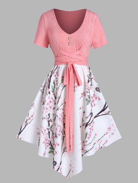 Plus Size Dress Casual Dress Peach Blossom Print Crossover Tied Mock Button Asymmetrical Hem Midi Summer Dress