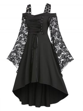 Gothic Dress Floral Lace Dress Lace Up Grommet Cold Shoulder Long Sleeve High Low Midi Dress