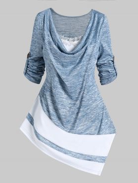 Colorblock Space Dye Print Asymmetric T Shirt Cowl Collar Pointed Hem Roll Up Sleeve T-shirt Lace Ruffled Casaul Tee