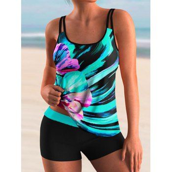 

Modest Tankini Swimsuit Printed Dual Strap Boyshorts Padded Beach Swimwear, Light blue