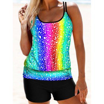 

Modest Tankini Swimsuit Colored Printed Dual Strap Padded Boyshorts Beach Swimwear, Green