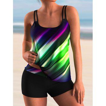 

Tummy Control Tankini Swinsuit Colorful Aurora Print Boyshorts Modest Swimsuit Adjustable Straps Bathing Suit, Green