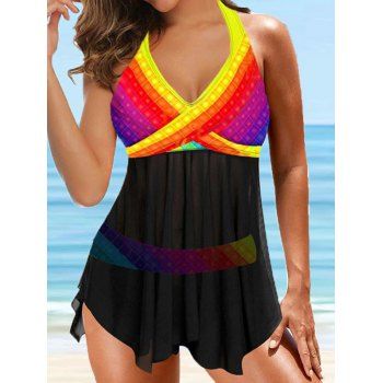 

Modest Tankini Swimsuit Rainbow Geometric Print Mesh Twisted Halter Beach Swimwear, Black