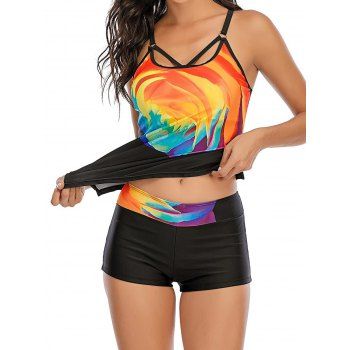 

Tummy Control Tankini Swimsuit Psychedelic Print Modest Swimsuit Crisscross Boyleg Bathing Suit, Orange