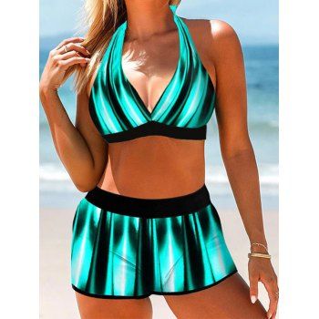 

Halter Bikini Swimsuit Printed Colorblock Boyshorts Plunging Neck Beach Swimwear, Green