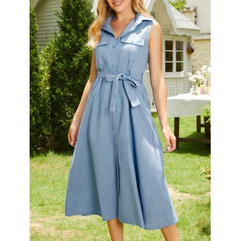 

A Line Dress Chambray Dress Solid Color Belted Front Pocket Button Up Midi Dress, Blue