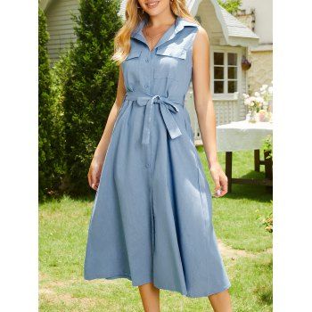 

A Line Dress Chambray Dress Solid Color Belted Front Flap Pocket Button Up Midi Dress, Blue