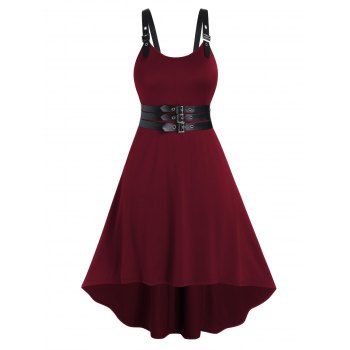 

Plus Size Dress Adjustable Strap Self Belted Grommet Square Ring High Low Midi Dress, Deep red