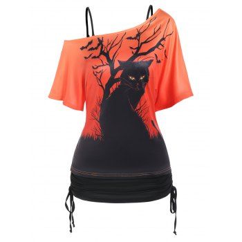 

Gothic Top Solid Color Cinched Tank Top and Skew Neck Cat Print T Shirt Two Piece Top, Orange