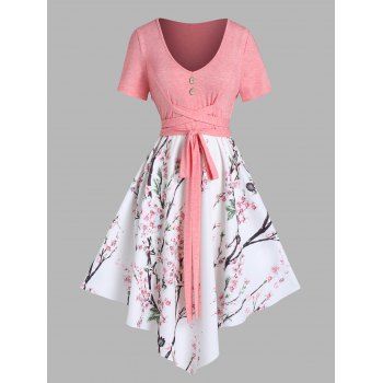 

Plus Size Dress Casual Dress Peach Blossom Print Crossover Tied Mock Button Asymmetrical Hem Midi Summer Dress, Light pink